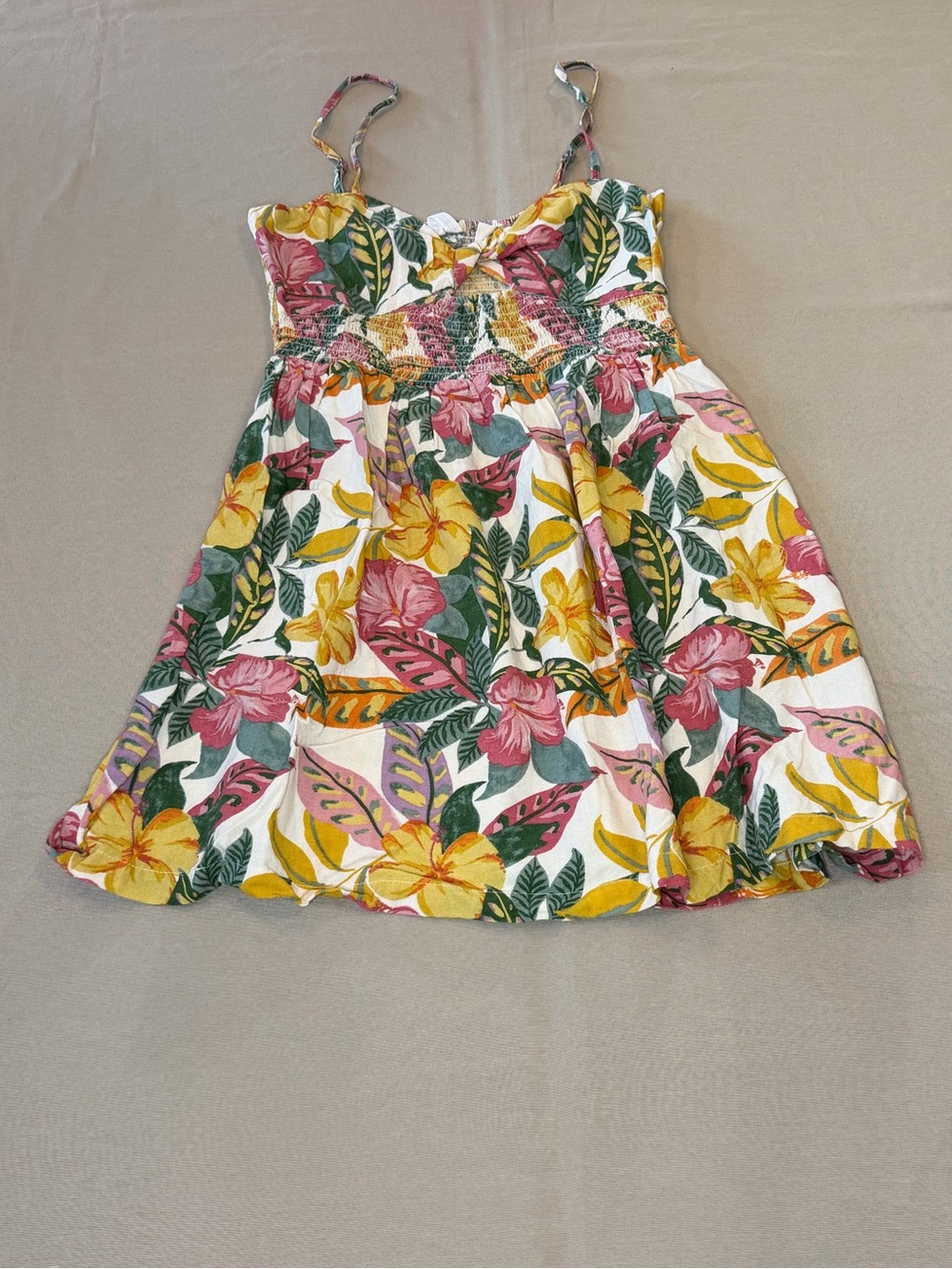 Roxy Tropical Floral Smocked Sundress in White, Yellow & Green